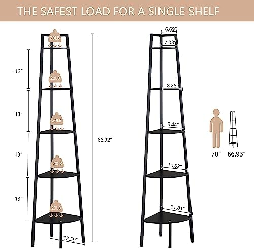 Hoctieon Corner Shelf, 5-Tier Corner Bookshelf, Rustic Ladder Shelf, Industrial - Image 2