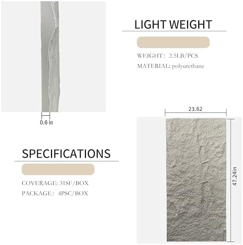 4-Pack 3D Faux Stone Wall Panels Rock Wall Panel Gray - Image 2