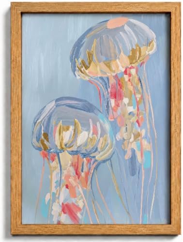 Framed Blue Jellyfish Canvas Wall Art, Nursery Ocean Animals Wall Decor by HJYQLN