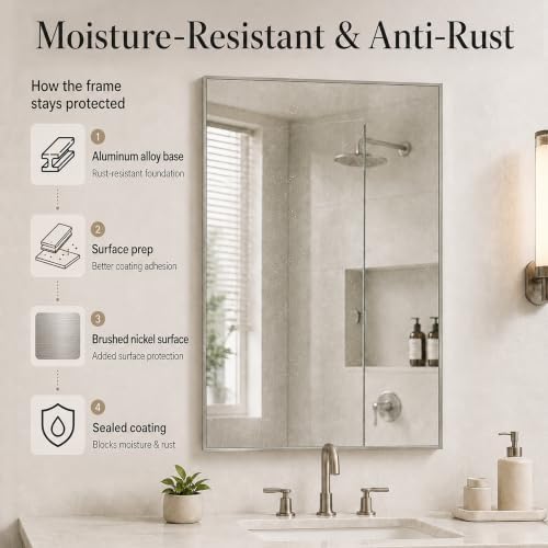 24"x36" Brushed Nickel Framed Rectangle Bathroom Vanity Wall Mirror - Image 5