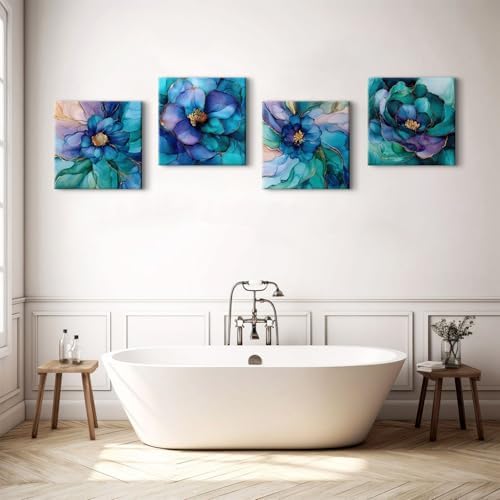 Teal Blue and Gold Canvas Wall Art Abstract Wall Decor Flowers Picture Colorful - Image 4