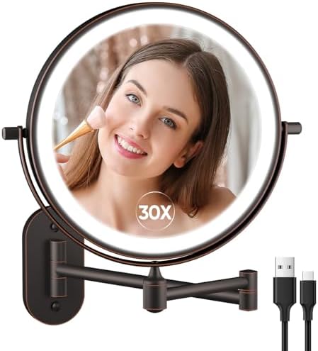 5000mAh Rechargeable Wall Mounted Lighted Makeup Mirror Double Sided 1X30X by FUNTOUCH