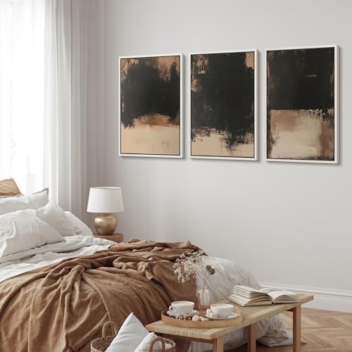 MUDECOR Framed Canvas Print Wall Art Dark Abstract Black and Beige Minimalist - Image 3