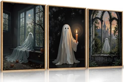LHIUEM Large Halloween Cute Ghost Framed Canvas Wall Art Set, Vintage Spooky by LHIUEM