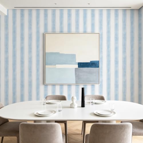 17.3" x 480" Watercolor Blue Striped Peel and Stick Wallpaper - Image 5