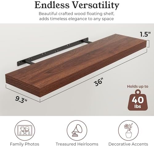 36" Walnut Floating Shelves Wood Wall Shelf, Walnut Color - Image 2