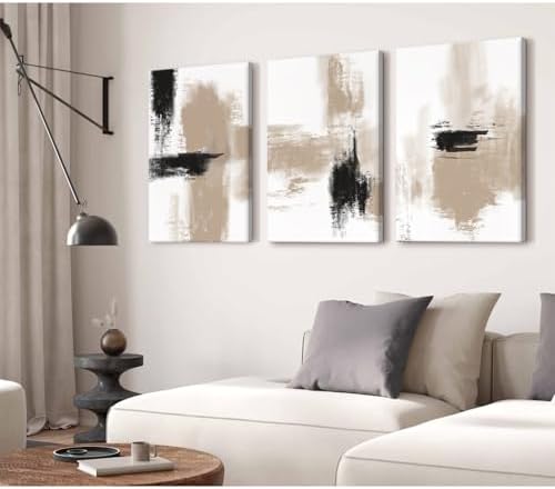 Beige Abstract Wall Art Painting Set of 3 Framed Neutral Canvas Wall Art Prints - Image 6