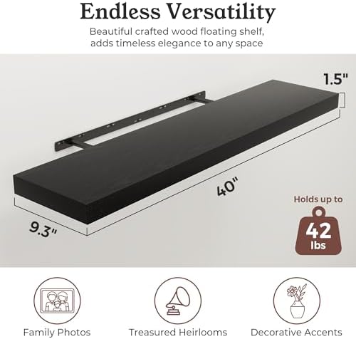 40" Black Floating Shelves Wood Wall Shelf - Image 2