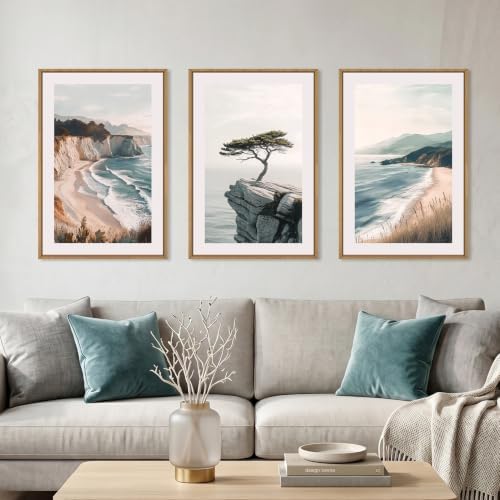 Amalfi Coastal Seascape Framed Canvas Wall Art Set-24"x36"x3 by Celestdeco
