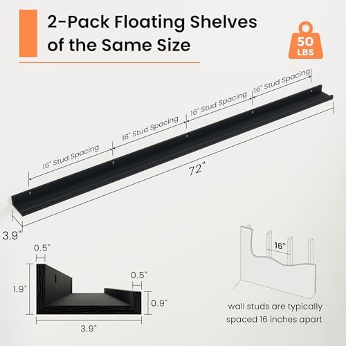 RICHFOCUS Picture Ledge Shelf, 72 inch Floating Shelves Set of 2, Wood Wall - Image 3