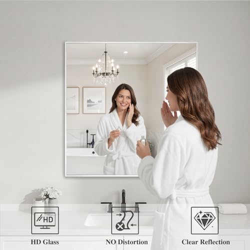 Koonmi White Rectangle Wall Mirror, 30x30 Inch Bathroom Mirror, Aluminum Frame - Image 3