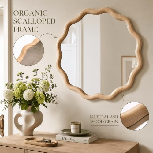 Furnaza 24" Round Wall Mirror, Wooden Boho Wavy Mirror - Image 4