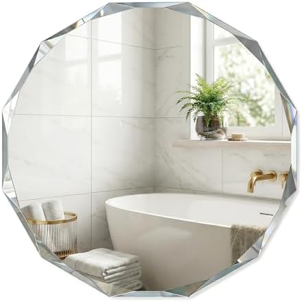 30" Large Round Frameless Wall Mirror, Faceted Diamond Edge Bathroom Vanity by FurniXpress