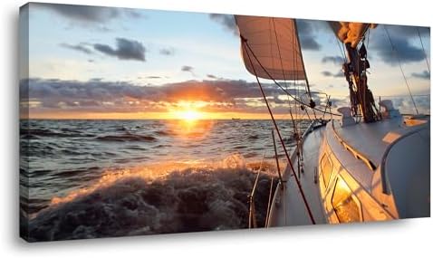 Yacht Sailing in Sea at Sunset Scenery Canvas Wall Art by Lasdel