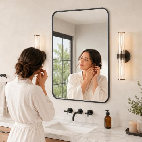2-Pack 24x36 Inch Matte Black Rounded Rectangle Vanity Mirrors - Image 2