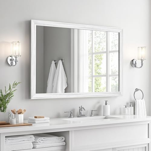White Wood Effect Framed Wall Mirror, 24x36 Rectangle Mirror by Ultrue