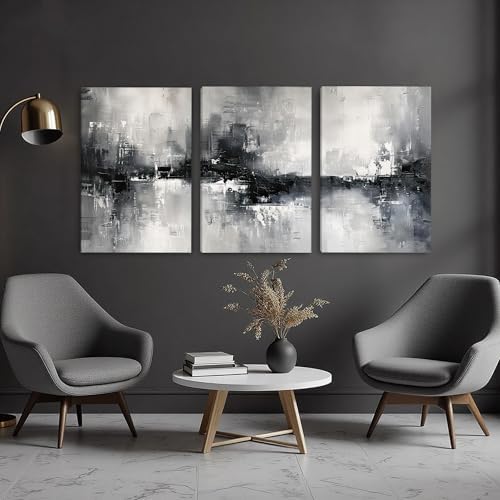 AVECCO Triptych Abstract Black White Gray Wrapped Canvas Wall Art 20x30 In - Image 3