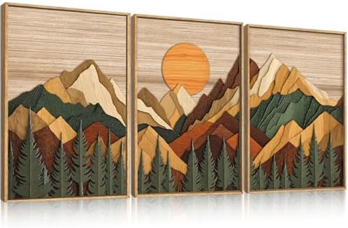 Boho Woodcut Style Mountain Framed Canvas Wall Art Set-24"x36"x3 - Image 5