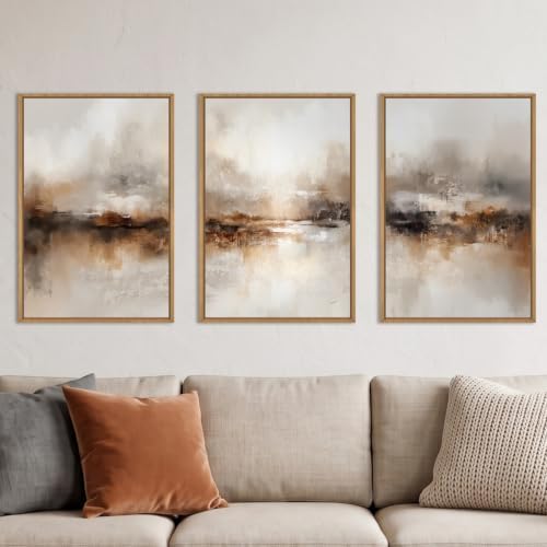 Large Abstract Brown Pastel Framed Canvas Wall Art, Neutral Black Gray Wall by Unknown