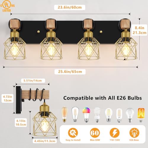 FadimiKoo Farmhouse Bathroom Vanity Light Fixtures, 4-Light Wood Bathroom - Image 2