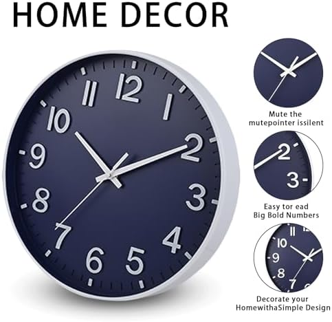HZDHCLH 14 Inch Wall Clock Battery Operated Silent Non Ticking Navy Modern - Image 4