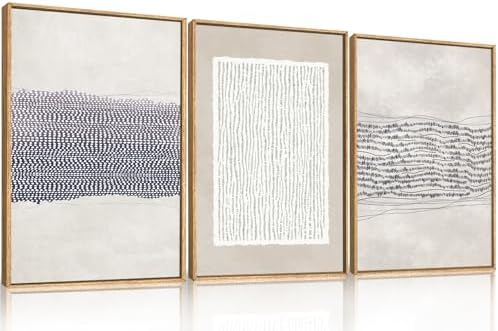 HOURIA Blue White Abstract Neutral Framed Canvas Wall Art Set- 24"x36"x3 by HOURIA