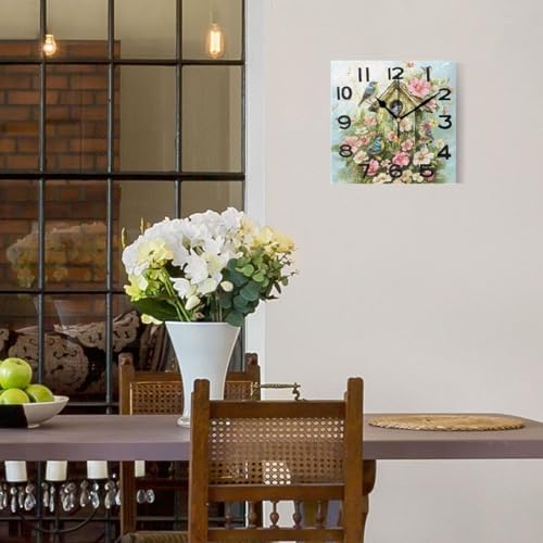 8 Inch Square Wall Clock, Lovely Flowers Birdhouse Birds Family Non Ticking - Image 2
