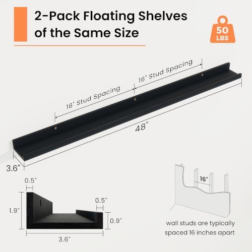 RICHFOCUS Picture Ledge Shelf, 48 inch Floating Shelves Set of 2, Wood Wall - Image 3