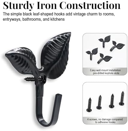 4 Pack Black Iron Leaf Wall Hooks, Bathroom Towel Hooks - Image 4