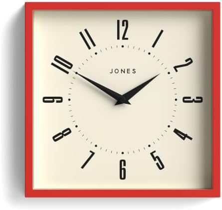 JONES CLOCKS® Box wall Clock | Retro Square Clock | 10" | Red | Easy to Read by JONESCLOCKS