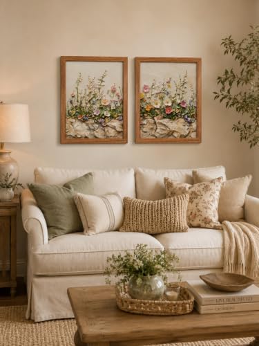 2Pcs Wood Framed Floral Canvas Wall Art Textured Relief Painting Prints Flower - Image 6