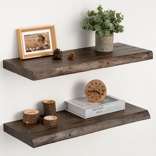 24" Live Edge Floating Shelves, Solid Elm Wood Shelf by Unknown