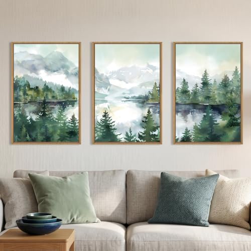 Watercolor Mountain Forest Framed Canvas Wall Art Set-24"x36"x3 by Celestdeco
