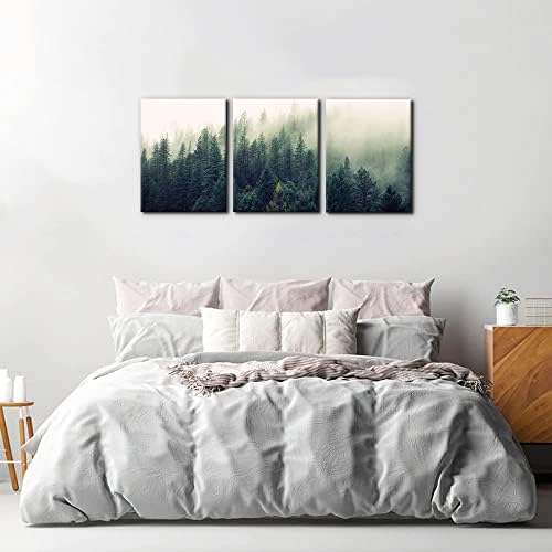 Pacimo Canvas Print Wall Art Set Aerial View of Pine Trees in Mist Nature - Image 3