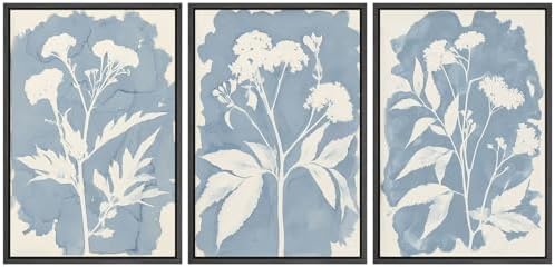 MUDECOR Framed Canvas Print Wall Art Blue Botanical Silhouette Soft Blue by MUDECOR