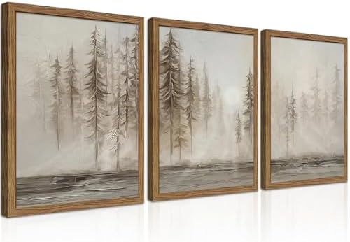 Framed Vintage Forest Wall Art Set of 3, Neutral Tree Landscape Canvas Wall by fancynewWallArt