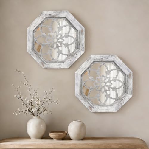 2 Pack 12 Inch Octagon Grey Rustic Wood Frame Acrylic Wall Mirrors, Farmhouse by HMANGE