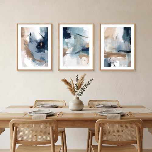 LHIUEM Abstract Navy Blue Framed Canvas Wall Art, Neutral Brush Stroke Wall - Image 3