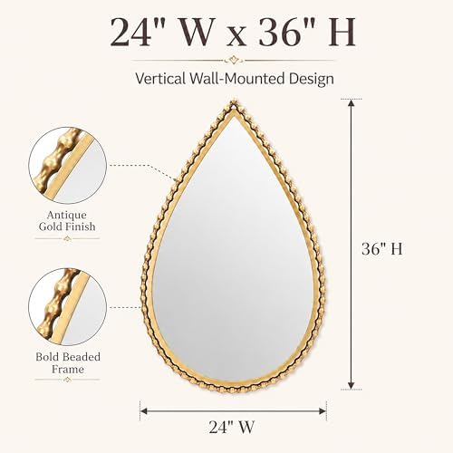 24" x 36" Teardrop Wall Mirror, Antique Gold Bold Beaded Frame - Image 4