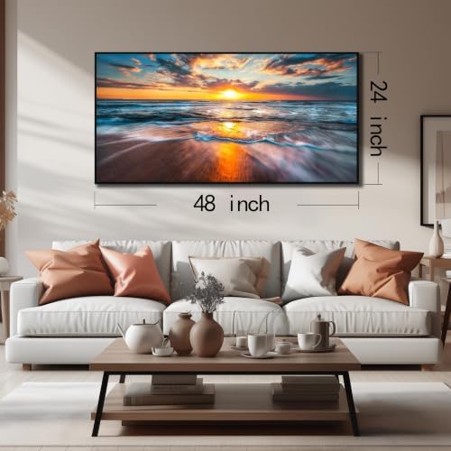 Framed Sun Wall Art for Living Room, 48 x 24 Inches Blue Wave and Large Coastal - Image 3