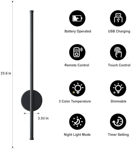 KARTOOSH Battery Operated Modern Wall Sconce Set of Two, 23.6 Inch Black - Image 6