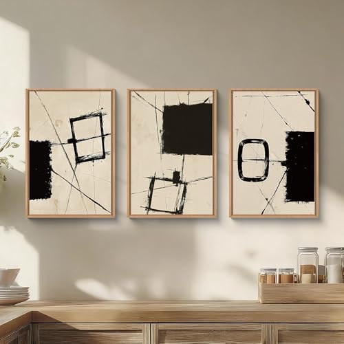 HOURIA Abstract Neutral Brushstroke Framed Canvas Wall Art Set-16"x24"x3 - Image 2