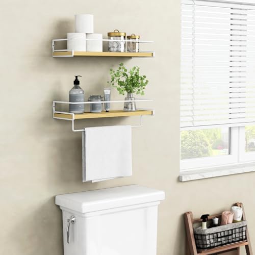 Natural Wood Floating Shelves Bathroom over Toilet Wall Mounted Set of 2 - Image 2