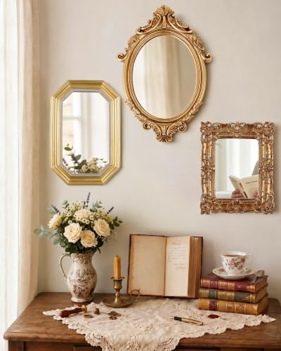 Wonderjune 3 Pcs Vintage Gold Wall Mirror Set, Court Baroque Style by Wonderjune