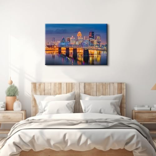Large USA Downtown Colorful Night Cityscape Canvas Wall Art Louisville Kentucky - Image 6