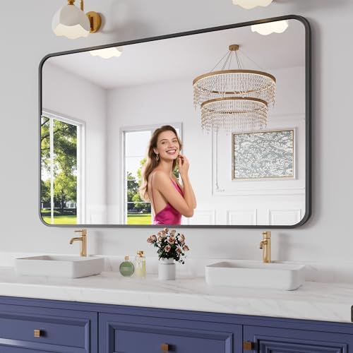 Koonmi Bathroom Mirror, 36X55 Brushed Black Rectangle Wall Mirror, HD Tempered by KOONMI