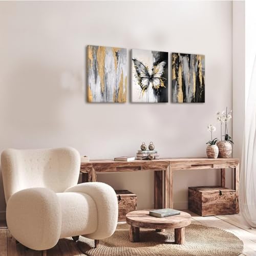 NCCXNCC 3Pcs Abstract Black and Gold Flowing Butterfly Canvas Wall Art - Image 7
