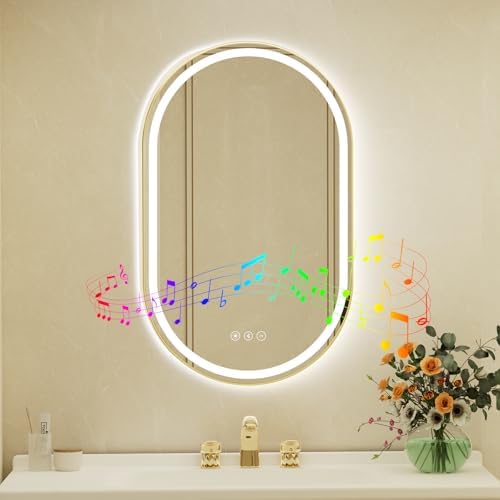 22x36 Inch Oval Gold Framed LED Bathroom Mirror by JingYiMingJing