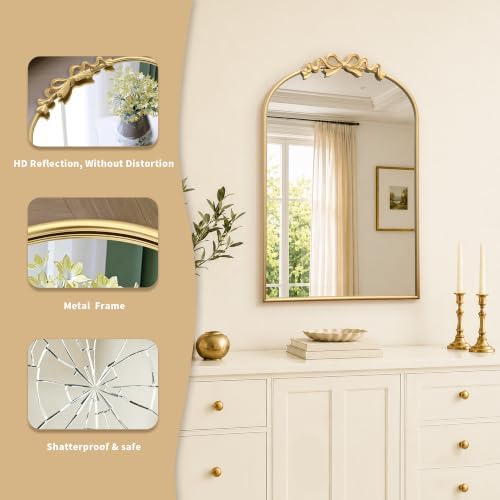 Besdomus Vintage Arched Gold Mirror: 24"x36" Large Gold Bow Vanity Mirror - Image 3