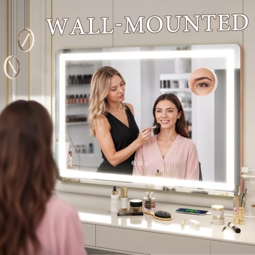 FENNIO Pink Vanity Mirror with Lights 32"x22", Lighted Makeup Mirror, Large - Image 4